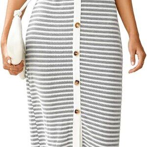 Women Button Striped Summer Dress Knit Casual Cap Sleeve V-Neck Midi